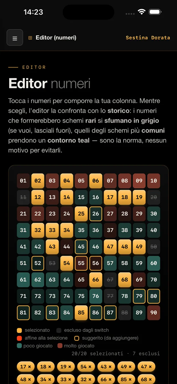 Schermata editor: griglia dei 90 numeri con confronto storico